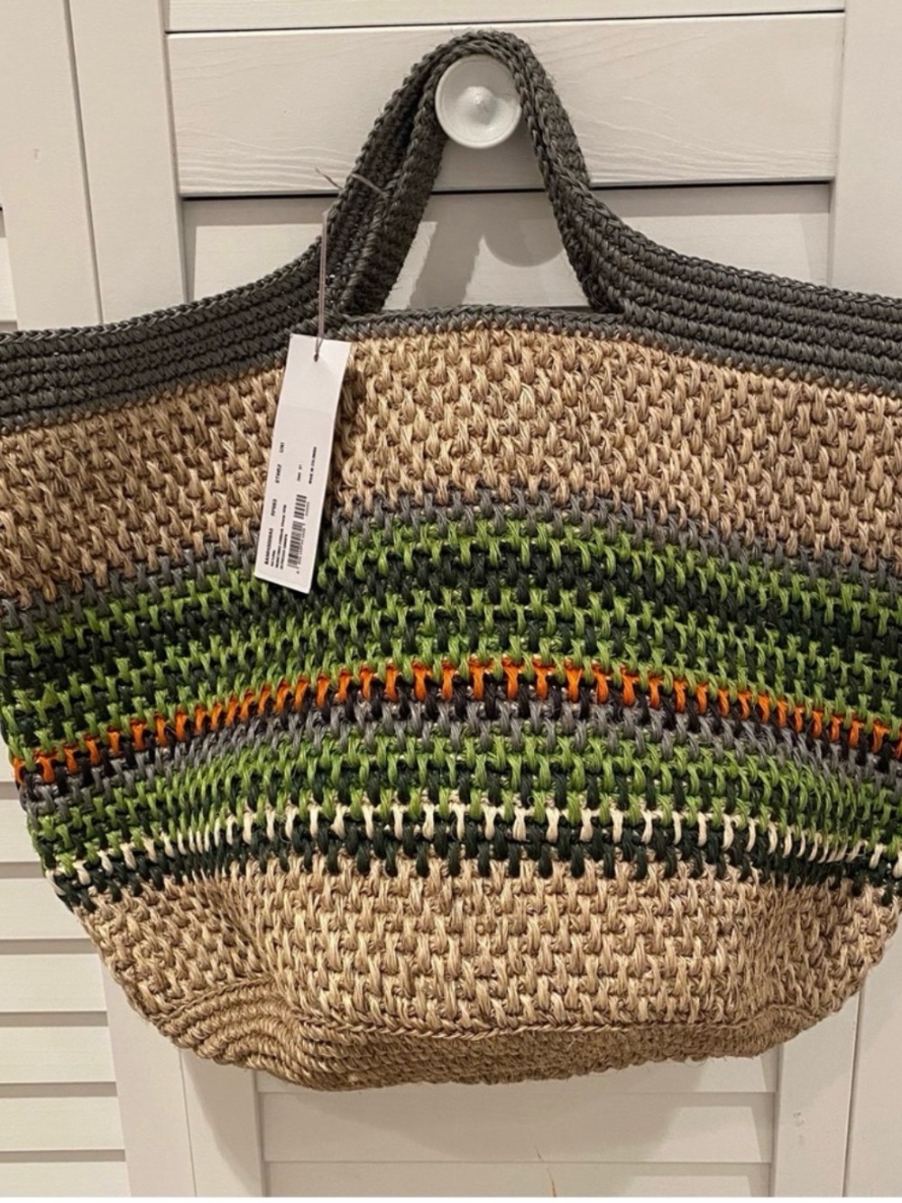 Marni Woven Straw Raffia Tote with Green, Gray & Orange Accents